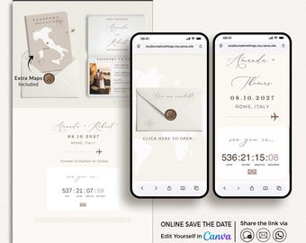 Destination Save the Date Website Canva, Passport Style Save the Date Website Template, Canva Digital Invitation Template Travel Theme