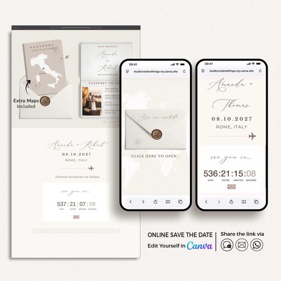 Destination Save the Date Website Canva, Passport Style Save the Date Website Template, Canva Digital Invitation Template Travel Theme