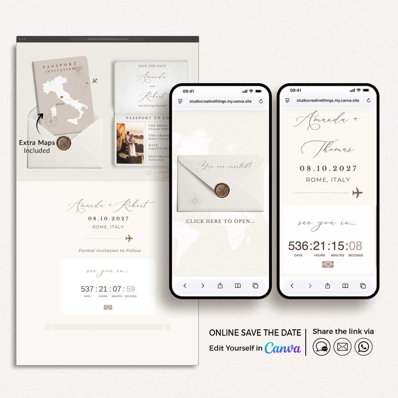 May include: Digital wedding invitation design featuring a passport-style save-the-date card, an invitation, and a countdown timer on a smartphone. The design includes the names "Amanda + Robert" and the date "08.10.2027" with a map of Italy.