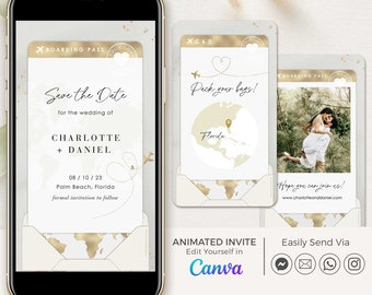 Könnte beinhalten: Eine digitale Save-the-Date-Einladung in Gold und Weiß. Die Einladung zeigt eine Weltkarte mit einem goldenen Herzen über Florida. Der Text lautet "Save the Date for the wedding of Charlotte + Daniel 08/10/23 Palm Beach, Florida formal invitation to follow".