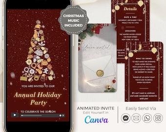 May include: A smartphone displays a digital holiday party invitation. The invitation features a Christmas tree design made of festive icons. Additional cards show event details, including date, time, and location. The invitation is animated and can be edited in Canva.
