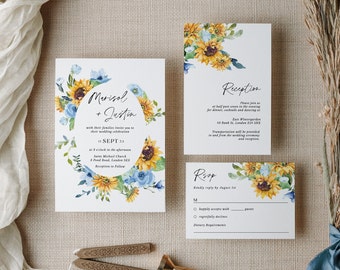 Ivy Rustic Wedding Invitation with Rsvp Template, Sunflower Wedding Invitation Suite Template Download, Dusty Blue Wedding Invitations