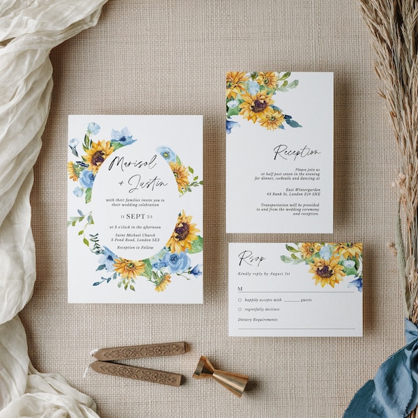 Faire-part de mariage rustique lierre avec Rsvp modèle, faire-part de mariage tournesol Suite modèle téléchargement, faire-part de mariage bleu poussiéreux