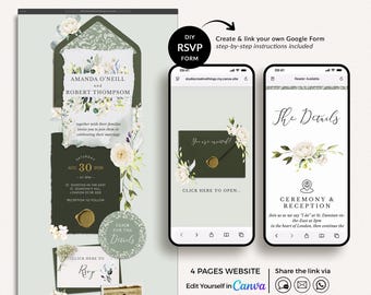 FLORA Green Wedding Website Invitation, Canva Wedding Website Template with Rsvp via Google Form, Garden Wedding Website Invitation Template