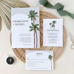 Descarga de plantilla de suite de invitación de boda de palmera, conjunto de invitación de boda en la playa, invitación de boda tropical, suite de invitación de boda de Hawái
