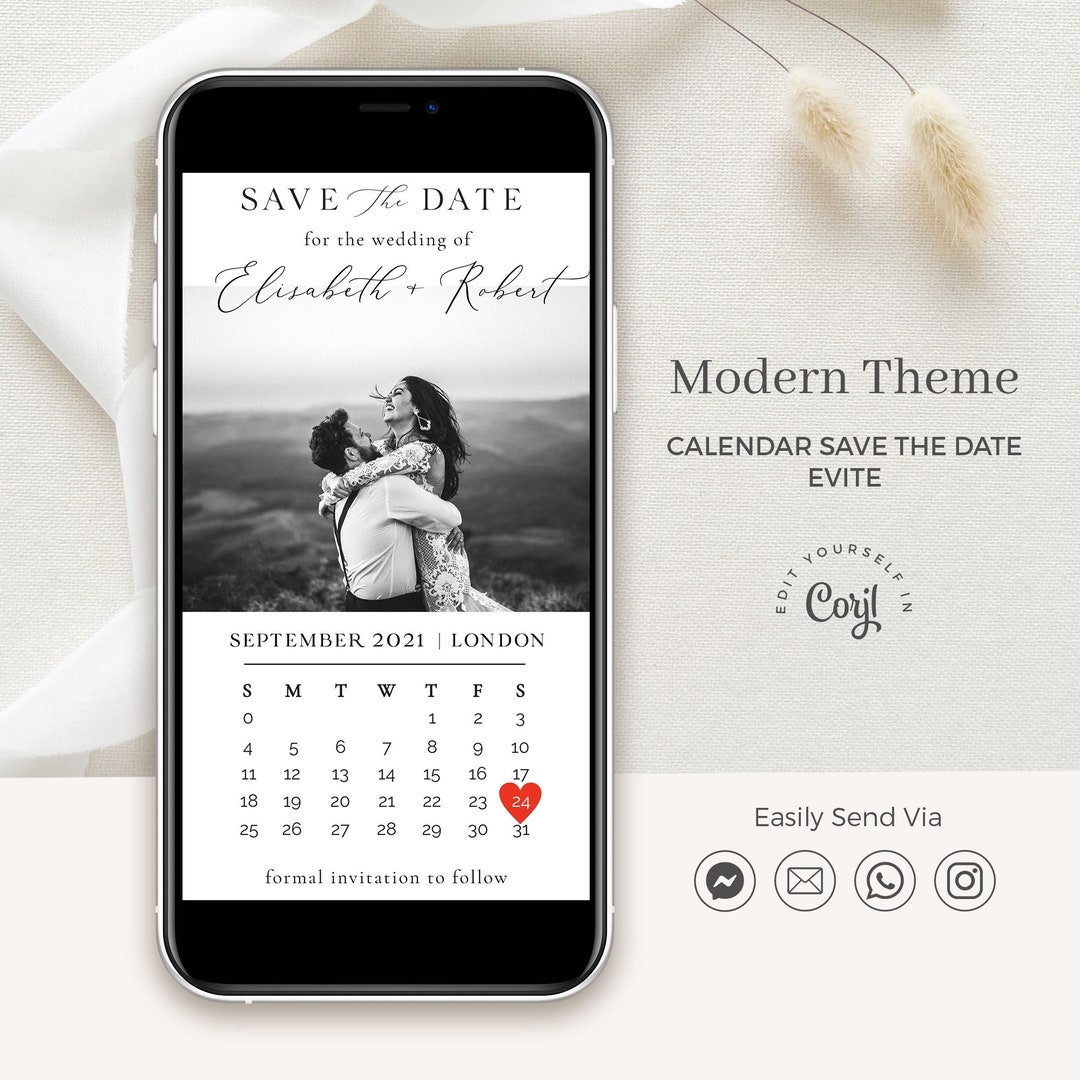 Evite Wedding Save the Date, Calendar Save the Date Template, Editable