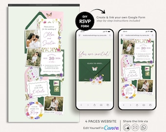 May include: A wedding website template with RSVP form, displayed on a computer screen and two smartphones. The design features photos, floral accents, and the text "You are invited!" and "Click to open." The template is editable in Canva.