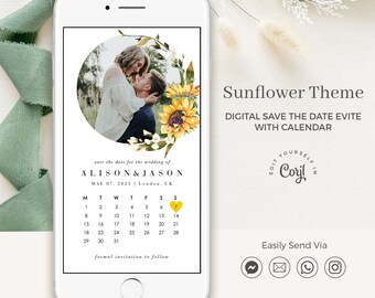 MARISOL Sunflower Save the Date with Calendar, Digital Save the Date with Photo, Save the Date Sunflower, Rustic Save the Date Template