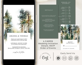 GAIA Forest Wedding Invitation Digital, Mountain Wedding Invitation Template, Pine Tree Wedding Invite, Text Wedding Invitation Forest