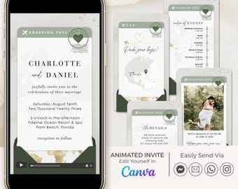 Video Wedding Invitation Destination Wedding, Boarding Pass Wedding Invitation Video, Digital Destination Wedding Invitation Sage Green