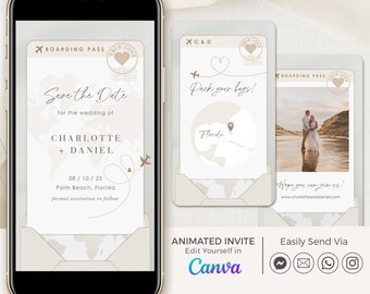 Animated Save the Date Boarding Pass, Abroad Save the Date Destination Wedding, Travel Save the Date Video Template, Digital Save the Date