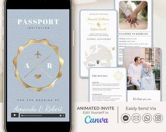 Destination Wedding Invitation Video Template, Santorini Passport Wedding Invitation Template Digital, Greece Wedding Invitation Animated