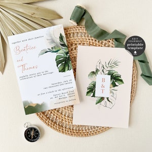 Tropical Wedding Invitation Template, Tropical Destination Wedding Invitation, Palm Tree Wedding Invitation, Wedding Invitation Beach Theme