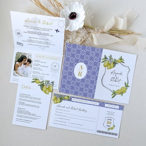 Italian Wedding Invitations, Italy Passport Wedding Invitation Template, Mediterranean Blue Tile Lemon Wedding Invitation Template Download