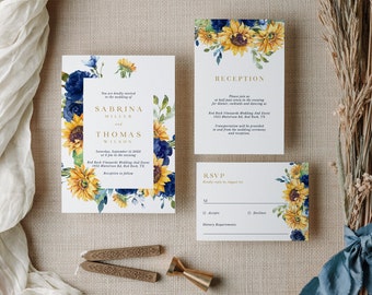 Descarga de plantilla de suite de invitación de boda floral IVY, invitación de boda de girasol y Rsvp, conjunto de invitación de boda rústica azul y amarillo