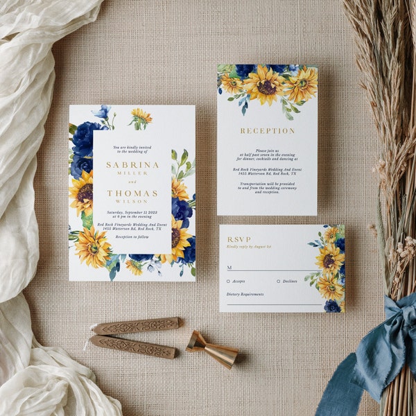 IVY Floral Wedding Invitation Suite Template Download, Sunflower Wedding Invitation and Rsvp, Rustic Wedding Invitation Set Blue and Yellow