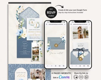 Dusty Blue Wedding Website Template, Light Blue Digital Wedding Invitation Website with Rsvp, Canva Wedding Invitation Website with Envelope