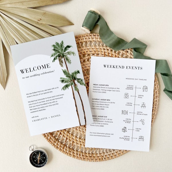 Carta de bienvenida de boda de destino en la playa, itinerario de boda tropical para invitados, plantilla de itinerario de boda de destino Descarga instantánea