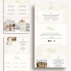 May include: A wedding invitation suite with a cream and gold color scheme. The design includes sections for FAQs, gift registry, dress code, and travel information. The invitation features a photo of a couple and the words "Will you join us?"