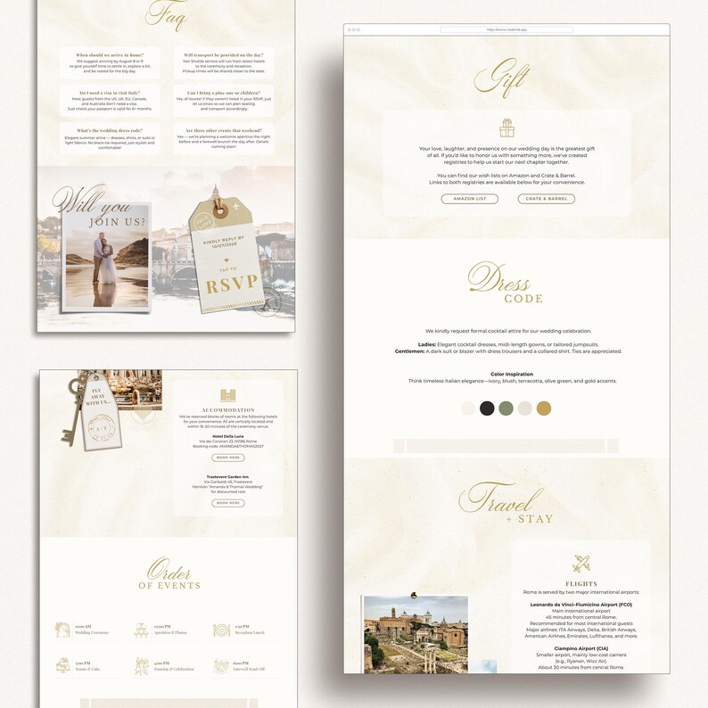 May include: A wedding invitation suite with a cream and gold color scheme. The design includes sections for FAQs, gift registry, dress code, and travel information. The invitation features a photo of a couple and the words "Will you join us?"