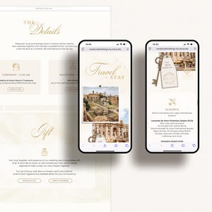 May include: A wedding website design featuring gold text and graphics on a cream background. The design includes details about the ceremony, reception, and gift registry, displayed on a desktop and two mobile phone screens.
