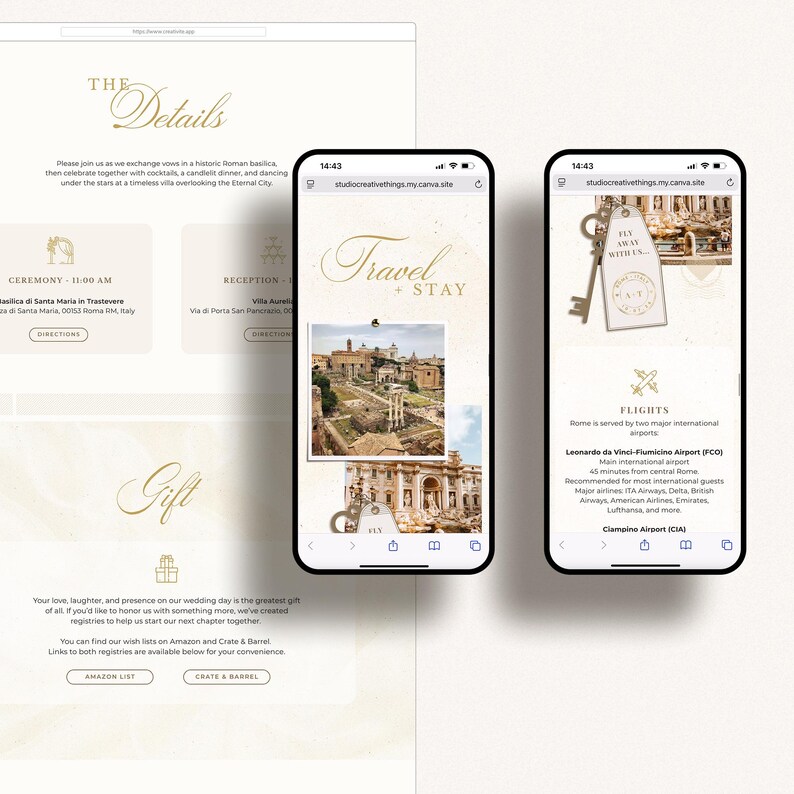 May include: A wedding website design featuring gold text and graphics on a cream background. The design includes details about the ceremony, reception, and gift registry, displayed on a desktop and two mobile phone screens.