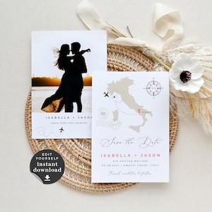 Sofia | Italy travel theme wedding save the date template,  destination wedding save the date invitation, diy save the dates with Italy map