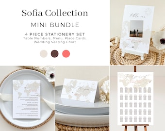 SOFIA Destination Wedding Stationary Bundle, Wedding Menu and Table Number, Destination Wedding Seating Chart, Wedding Place Card Template