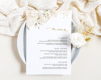 Dora | floral wedding menu cards, menu template, Ivory wedding menu template, Gold wedding menu printable, printable menu, Instant download
