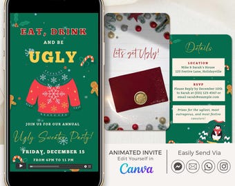 Ugly Christmas Sweater Party Invite Digital, Ugly Sweater Invitation Video, Animated Ugly Christmas Party Invite, Elfed up Party Invitation