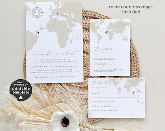 Sofia | destination wedding invitations with rsvp, diy wedding invitations kits, travel theme wedding invitation suites, world map invite