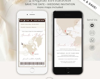 Sofia | Travel theme wedding invitation bundle, boarding pass save the date digital, destination wedding invitation digital, wedding bundle