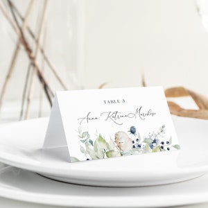 BIANCA Winter Place Card Template, Dusty Blue Place Cards with Meal Icons, Wedding Place Card with Meal Choice, Table Place Cards Wedding