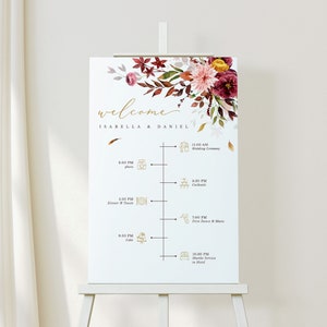 Panneau de l&#39;ordre du jour AMBRA mariage, panneau de bienvenue de mariage floral avec chronologie, modèle de mariage de panneau de bienvenue d&#39;automne, panneau de chronologie de mariage