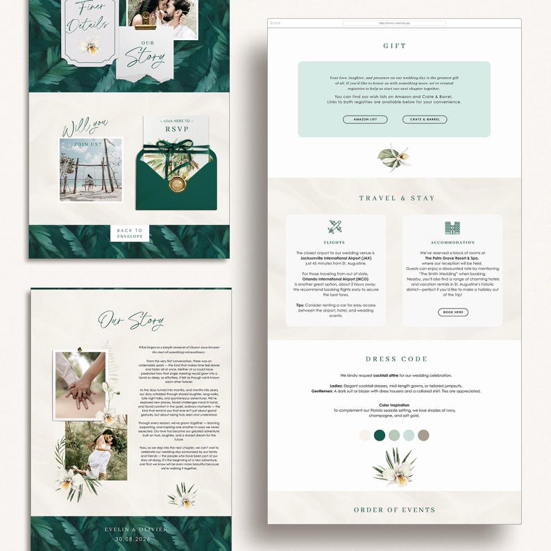 May include: A wedding invitation suite with a dark green and white color scheme. The suite includes details, story, RSVP, and order of events sections. The design features tropical leaves and floral accents, with photos of the couple.