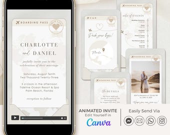 Neutral Wedding Invitation Boarding Pass, Beige Wedding Invitation Destination, Animated Wedding Invitation Template, Travel Wedding Invite