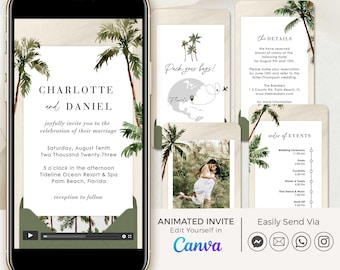 Animated Destination Wedding Invitation Video Template, Travel Wedding Invitation Tropical, Digital Destination Wedding Invitation Beach