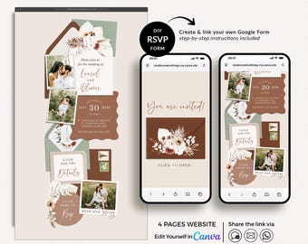 May include: A wedding website template with RSVP features. The design includes photos, floral accents, and the text "You are invited!" on a mobile phone screen. Includes instructions to create and link a Google Form.