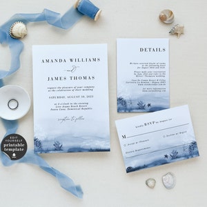 Sea Wedding Invitation with Rsvp and Picture, Destination Beach Wedding Invitation with Detail Card, Navy Wedding Invitation Suite Download