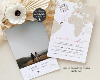 Sofia | Travel theme wedding cards, diy wedding invites, simple wedding invitations, Destination wedding announcement, world map invite