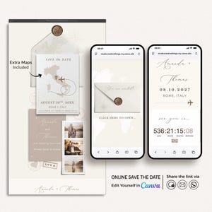 May include: A digital wedding invitation design featuring a map of Italy with a dotted line and airplane icon. The invitation includes the names Amanda and Thomas, the wedding date, and a countdown timer. The design is displayed on a computer and two smartphones.