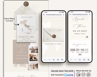 Digital Save the Date Destination Wedding Website Canva, Passport Style Save the Date Website Template, Travel Theme Save the Date Online