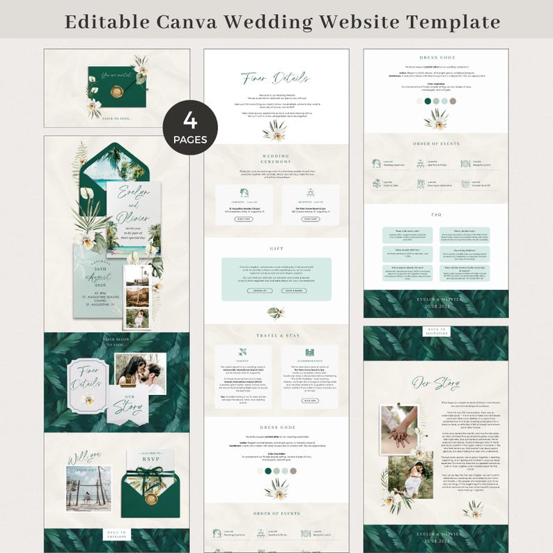 ISLA Tropical Wedding Website Canva Template, Beach Wedding Website with Rsvp Template, Envelope Wedding Website Green, Wedding Rsvp Website image 5