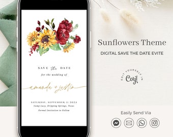 RUBY Floral Save the Date Template, Sunflower and Rose Wedding Save the Date Digital, Country Save the Date, Western Save the Date Template
