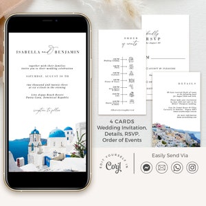 SANTORINI Santorini Wedding Invite Digital Download, Greece Wedding Invitation with Rsvp Set, Destination Wedding Invitation Template