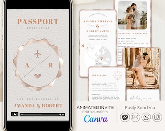 Digital Passport Wedding Invitation Rose Gold, Destination Wedding Invitation Video, Travel Wedding Invitation Digital Video with World Map