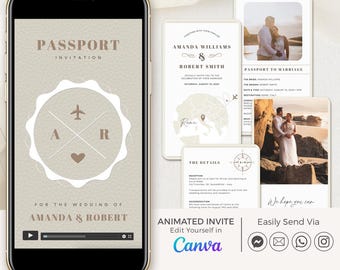 Destination Wedding Invitation Digital Video, Passport Wedding Invitation Animated, Travel Wedding Invitation Video, Animated Wedding Invite