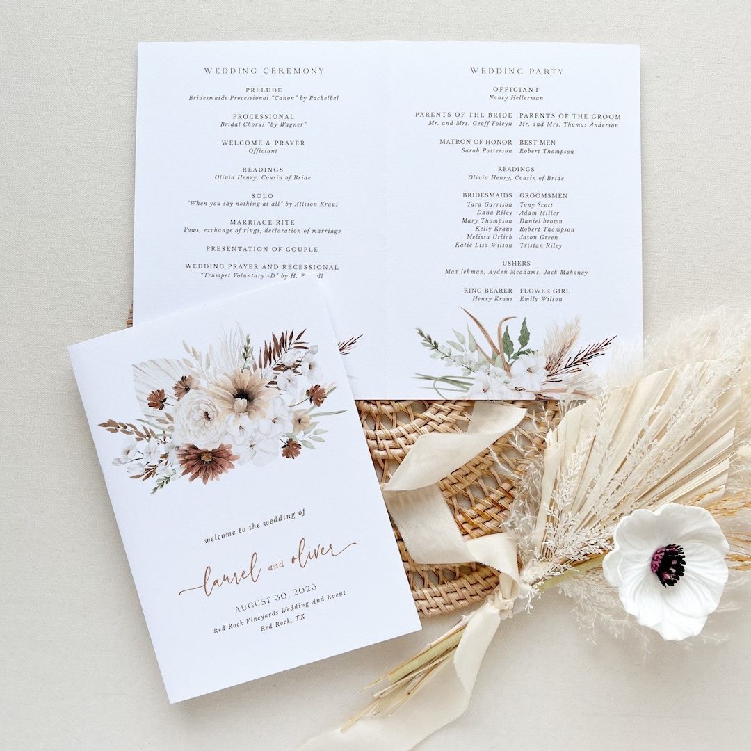 LAUREL Boho Wedding Program Template Bifold, Terracotta Wedding Program ...