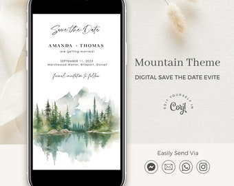 ARNA Digital Save the Date Mountain, Save the Date Forest Wedding, Text Save the Date Lake, Destination Wedding Save the Date Template
