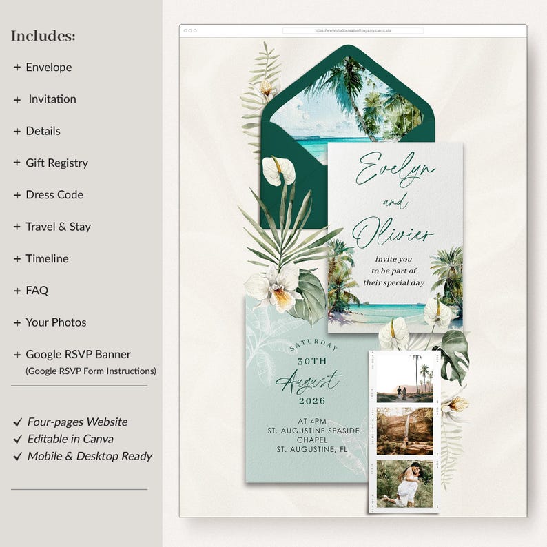 ISLA Tropical Wedding Website Canva Template, Beach Wedding Website with Rsvp Template, Envelope Wedding Website Green, Wedding Rsvp Website image 2